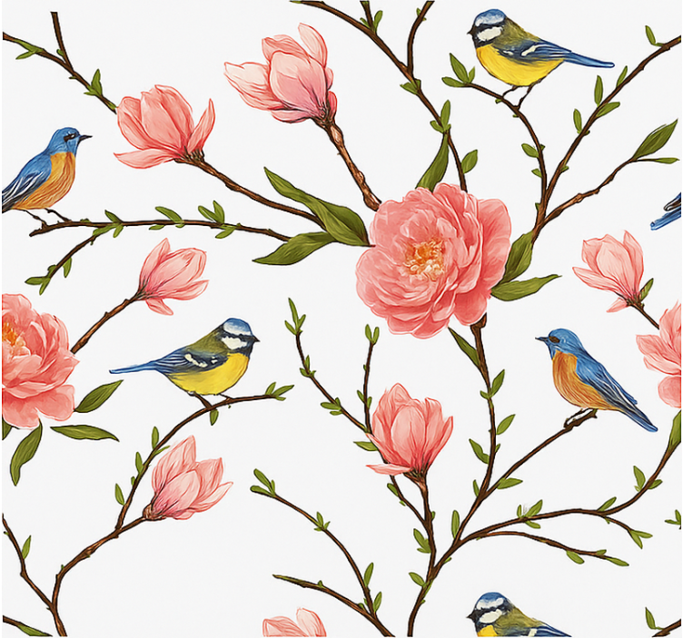 Birds in wallpaper spring songbird and peony - TenStickers