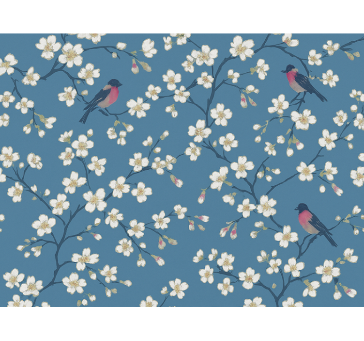 Flowers wallpaper blue orchard birds design - TenStickers