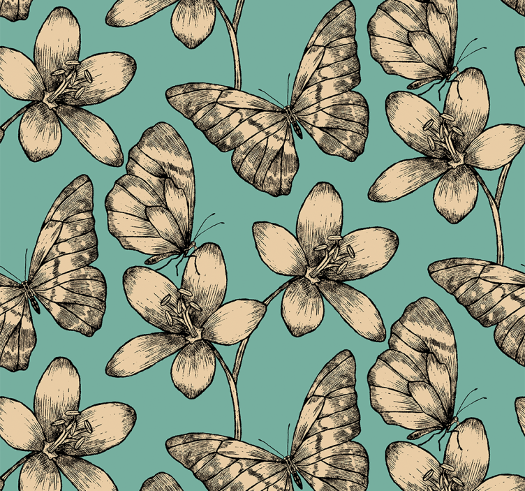Beige flowers on blue background butterflies wallpaper - TenStickers
