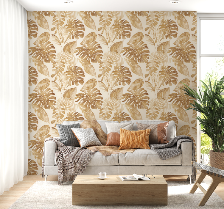 Beige large foliage illustration leaves wallpaper - TenStickers