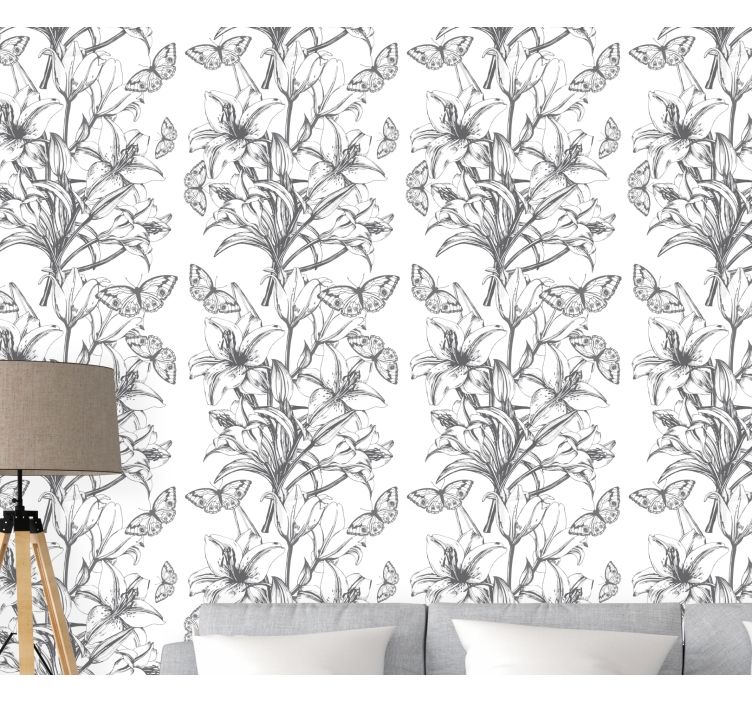 Butterflies and Lilies flowers wallpaper - TenStickers