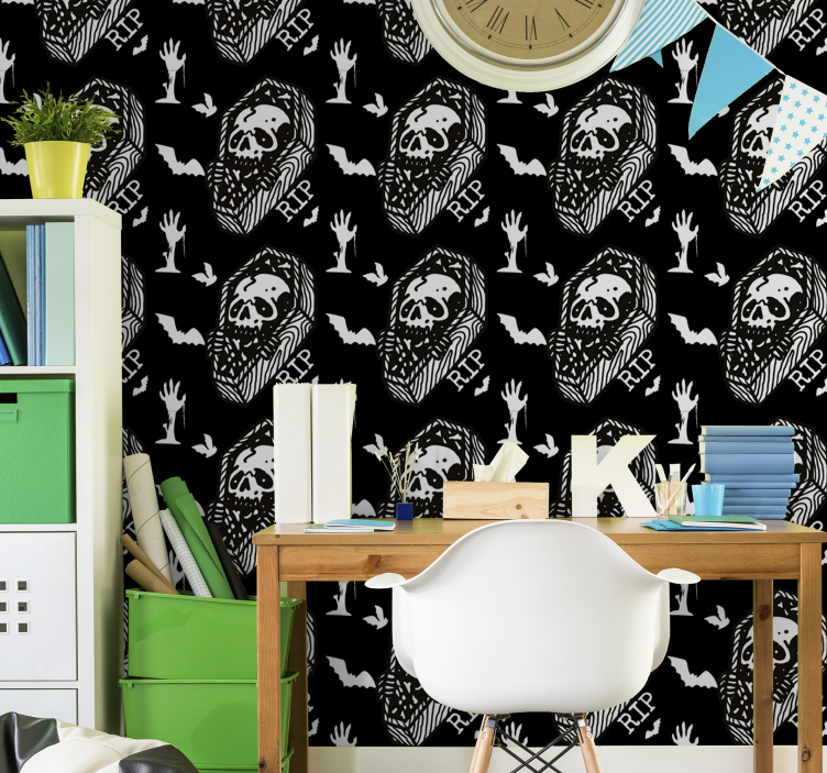 Coffins And Bats cute halloween wallpaper - TenStickers