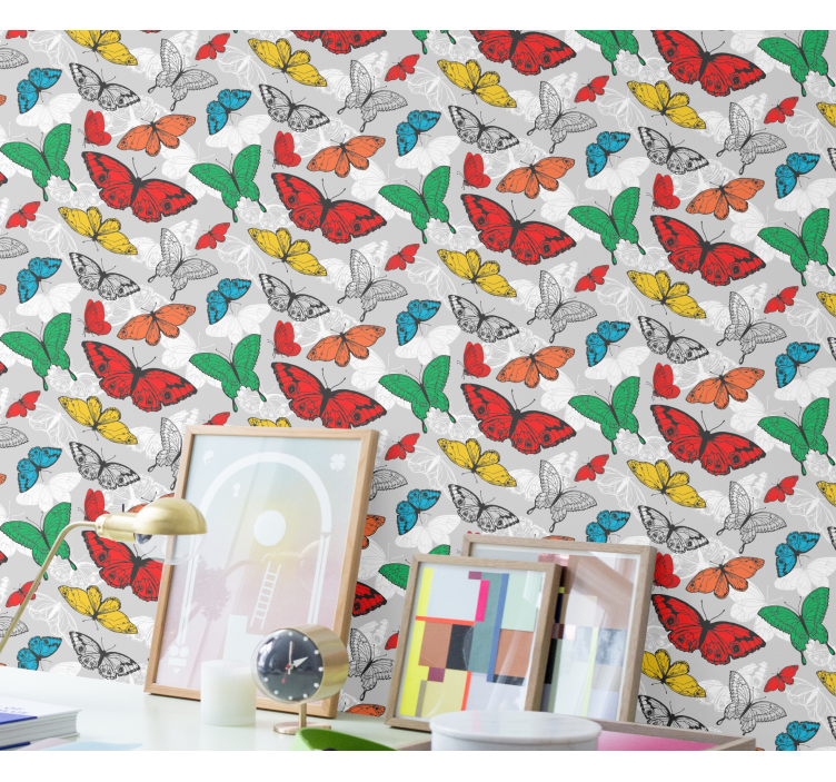 Colorful pattern on gray background butterflies wallpaper - TenStickers