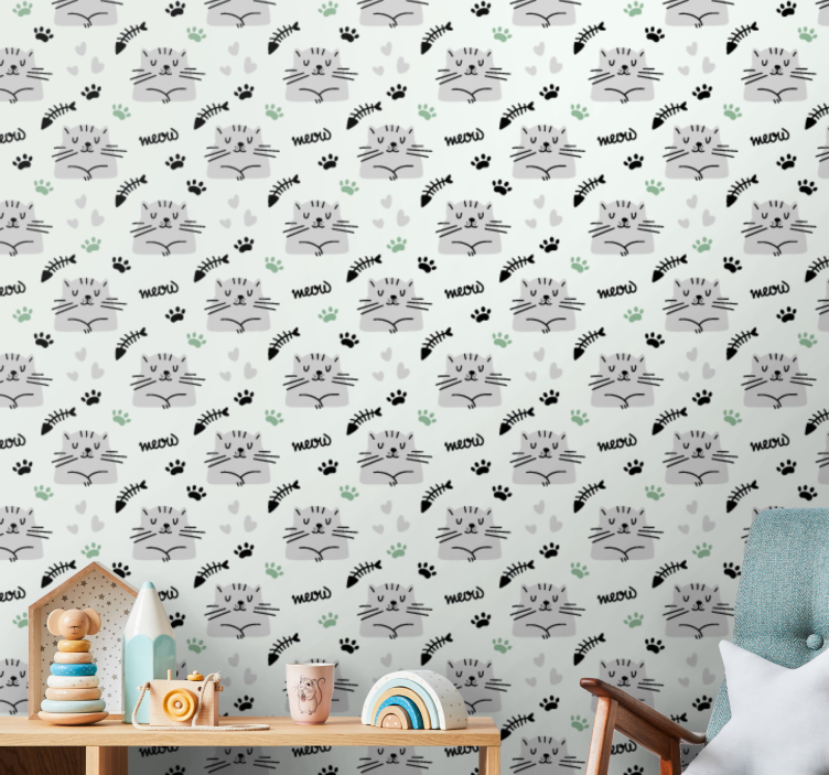 Cute cats with paws pattern Nursery Wallpaper - TenStickers