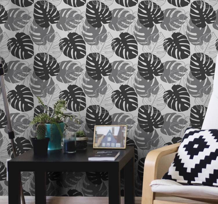 Grey tone monstera leaf wallpaper - TenStickers