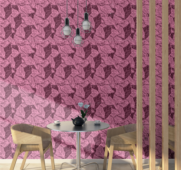 Pink foliage motif leaves wallpaper - TenStickers