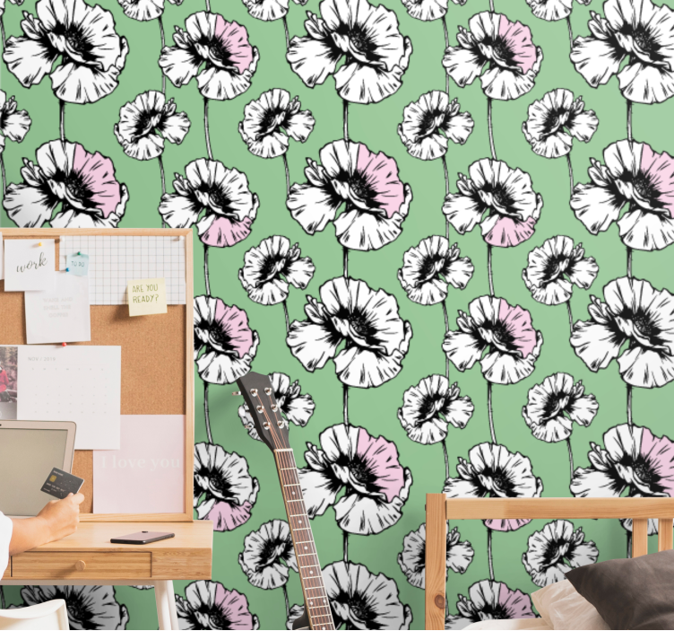 Pink and white poppies flowers wallpaper - TenStickers