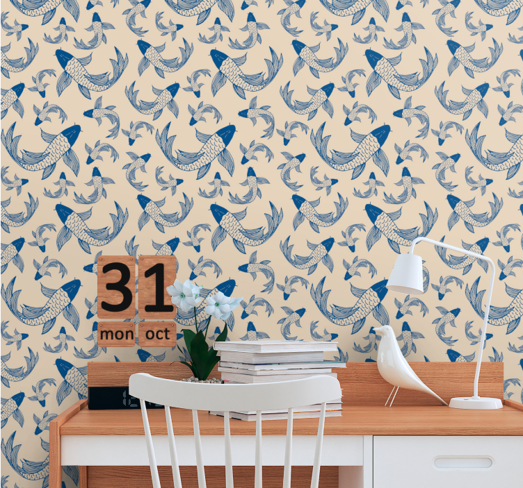Swimming fishes and beige Living Room Wallpaper - TenStickers